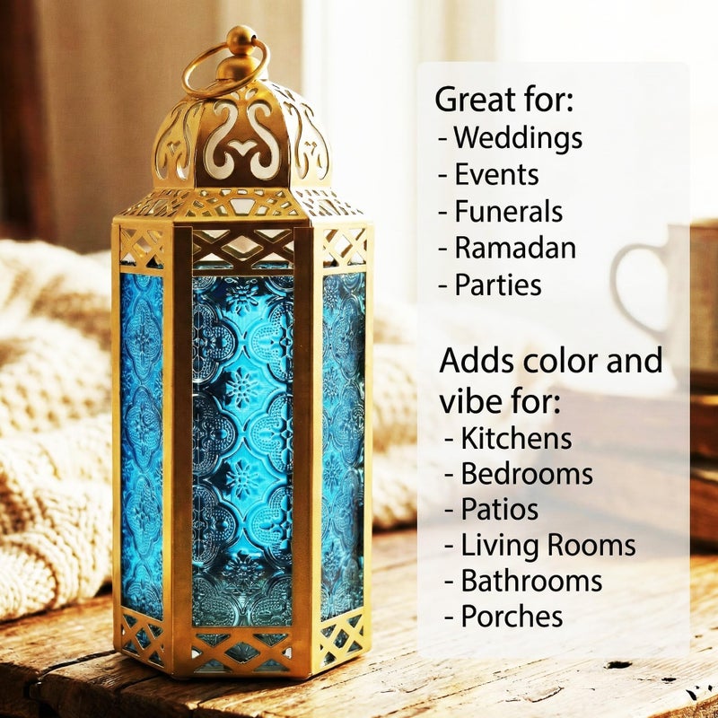 VELA LANTERNS 10.5" Gold Moroccan Candle Lantern Decorative Candle Holder Lamp for Table or Hanging, Ramadan Decorations, Indoor Home Decor, Outdoor Patio or Porch, Weddings, Blue Glass, Medium - Image 5